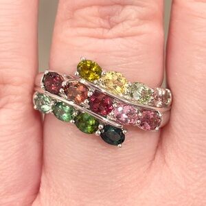 14K Tremonti Rainbow Tourmaline Ring Oval Cut Cluster Yellow Pink Green Blue 7.5